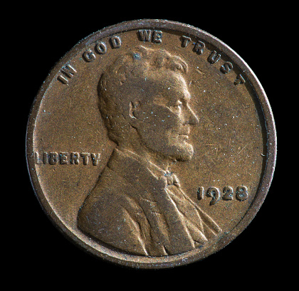 1928 plain US Lincoln cent minted in Philadelphia