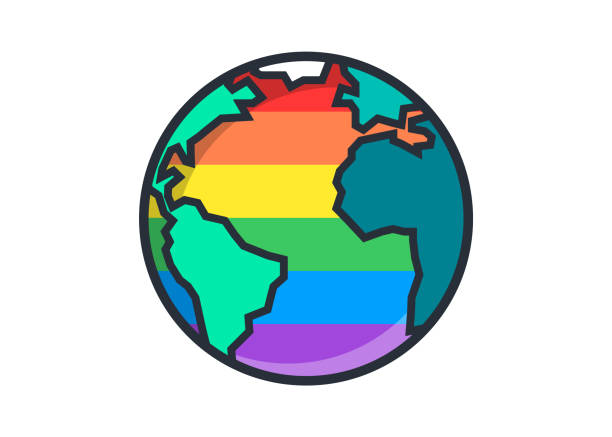 ilustraciones, imágenes clip art, dibujos animados e iconos de stock de mundo lgbt+, planeta, vector terrestre aislado colores de bandera lgbt+ para el activismo lgbt+, semana del orgullo, desfile del orgullo, festival del orgullo, paseo del orgullo. mapa - country geographic area