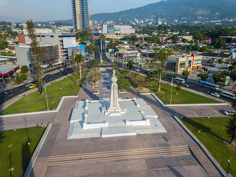The Monument to The Divine Savior of the World in the heart of the city of San Salvador. Aerial view.