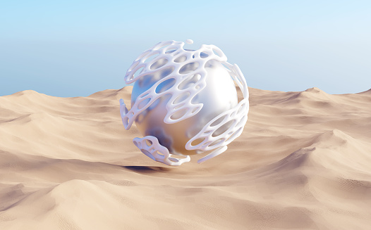 Surreal desert landscape with silver sphere with white organic curve round swirl twisted biological line forms on sand dunes. Abstract modern minimal fashion background. 3d render concept