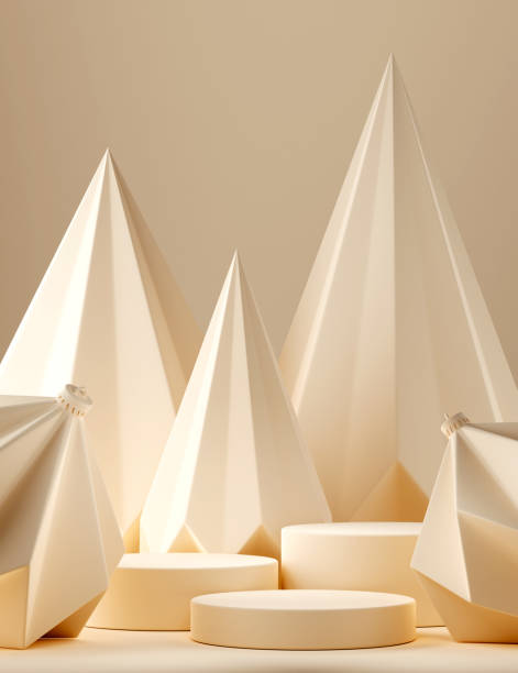 istock 3D abstract Christmas beige background with geometric Christmas trees, ornaments 1435445077