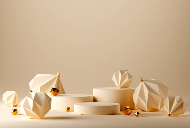 istock 3D abstract Christmas light background with beige geometic Christmas ornaments 1435445080