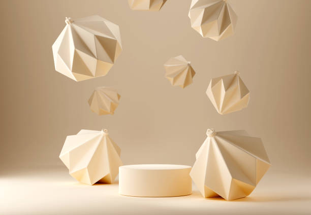 istock 3D abstract Christmas light background with beige geometric Christmas ornaments 1435445081