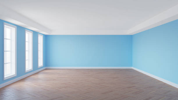 istock Empty Room with Pale Blue Walls, White Ceiling and Cornice, Three Large Windows 1435445886