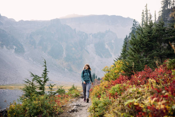 Woman Hiking In Washington State Wilderness Area stock photo