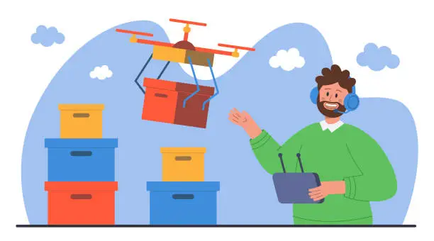 Vector illustration of Happy man controlling drone with remote flat vector illustration