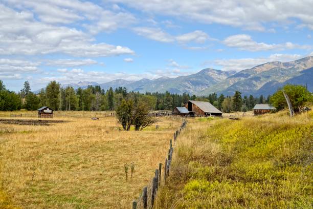 istock Panoramic photo of barn and mountains. 1435451786