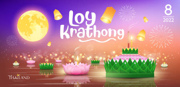 Loy krathong thailand festival banana leaf and lotus at moon night thailand Loy krathong thailand festival banana leaf and lotus at moon night thailand background banner, eps10 vector illustration loi krathong stock illustrations