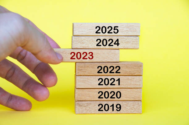 istock Hand pulling out year 2023 text on wooden blocks. Year to year progress concept. 1435455528