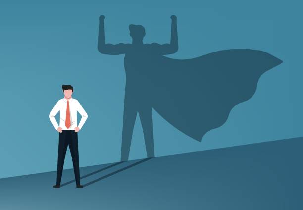 istock Businessman with his shadow superhero. courage, leadership,  ambition and success concept, flat vector illustration 1435456442