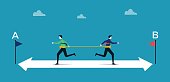 istock Bad team work, organization and miscommunication leading to failure for all, two businessmen run on arrow opposite directions 1435456444