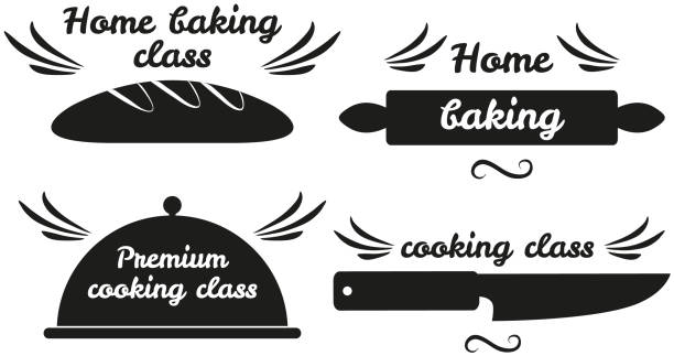 Set of hand writings about kitchen, food and cooking. Hand drawn letterings, culinary outlines Set of hand writings about kitchen, food and cooking. Best time, home baking, restaurant food, fresh dish, cooking class, let s cook. Hand drawn letterings in simple style, ink or pen outlines kitchen silhouettes stock illustrations