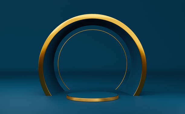 istock podium empty with geometric shapes in blue composition for modern stage display and minimalist mockup ,abstract showcase background ,Concept 3d illustration or 3d render 1435458300