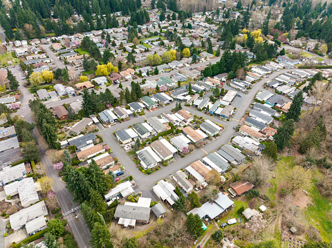 An aerial view of mobile home park in north Seattle Washington State.