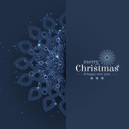 Christmas glittering snowflake with lettering on a dark background. Greeting card for your holiday design. Festive xmas banner. Vector illustration.
