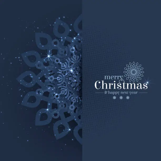 Vector illustration of Christmas glittering snowflake with lettering on a dark background.