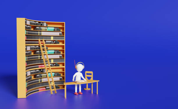 istock Stick man with book shelves in library ,education and learning concept ,3d illustration or 3d rendering 1435462937