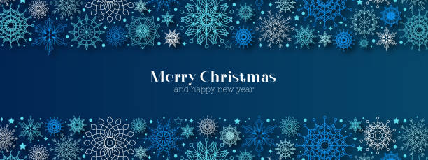 illustrazioni stock, clip art, cartoni animati e icone di tendenza di natale e felice anno nuovo sfondo vettoriale blu con fiocco di neve, concetto di celebrazione - christmas backgrounds christmas card design element