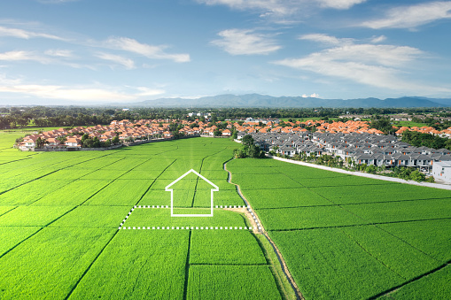 Land or landscape of green field in aerial view or bird eye view. Include agriculture farm, icon of residential, home or house building and land plot. Real estate or property for dream concept to build, construction, owned, sale, rent, buy, purchase, mortgage and investment in Chiang Mai of Thailand.