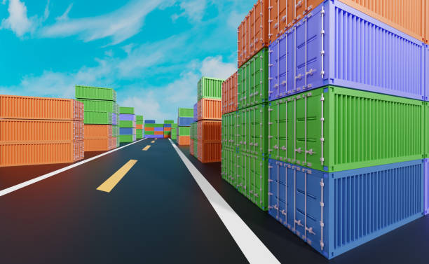 istock shipping container for import export on the road in sky background ,logistic concept ,3d illustration or 3d rendering 1435465576