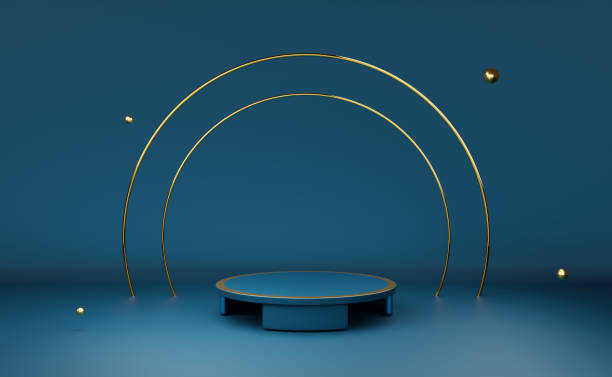 istock podium empty with geometric shapes in blue composition for modern stage display and minimalist mockup ,abstract showcase background ,Concept 3d illustration or 3d render 1435465628