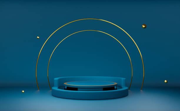 istock podium empty with geometric shapes in blue composition for modern stage display and minimalist mockup ,abstract showcase background ,Concept 3d illustration or 3d render 1435465752