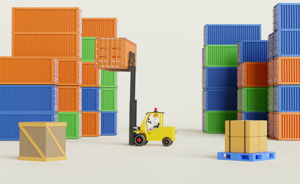 istock Stick man with shipping container for import export and forklift and goods and pallet ,logistic service concept ,3d illustration or 3d rendering 1435466285