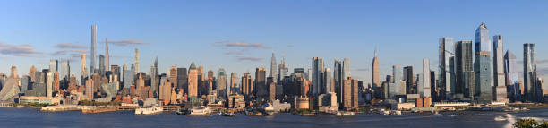 Aerial view of Manhattan Midtown skyscrapers skyline panorama before sunset, New York City stock photo