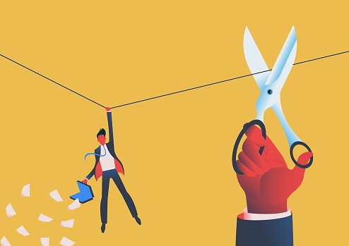Businessman hol
ding a rope meanwhile giant hand holding scissors cutting it. Crisis and failure concept. Vector illustration.