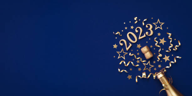 festive christmas and new year background with golden champagne bottle, party decorations, confetti stars and 2023 numbers. - confetti new years day new year christmas imagens e fotografias de stock