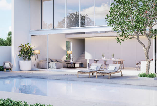 istock Pool terrace with living room and dining room in modern style 3D render 1435481420