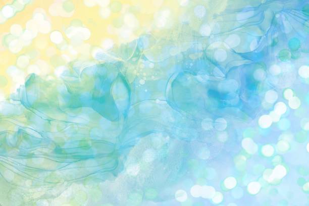 istock Alcohol ink art abstract background template with bokeh light for spring and summer. Fresh yellow to light blue gradient. Water and marble textures 1435485817