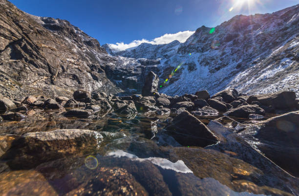 Embalse el Yeso reservoir near to Santiago in the central Chile Andes on a sunny winter day