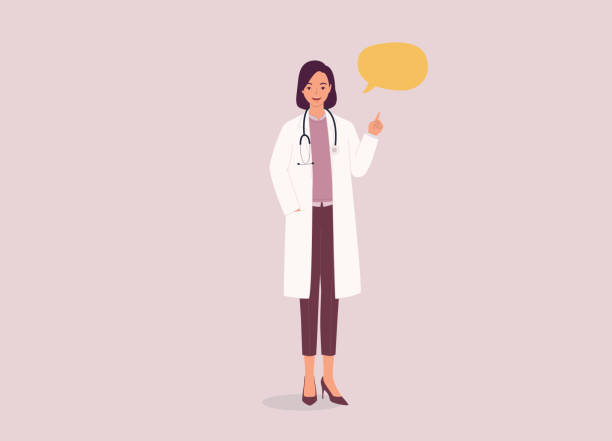 Female Doctor Talking With One Finger Pointing Up. One Smiling Female Doctor In Medical Scrubs And Stethoscope Talking With One Finger Pointing Up. Isolated On Color Background. female doctor stock illustrations