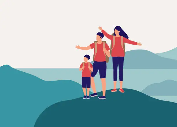 Vector illustration of Family Standing On Top Of Mountain.