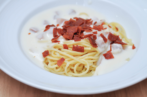 pasta or spaghetti , spaghetti carbonara or pasta carbonara for serve