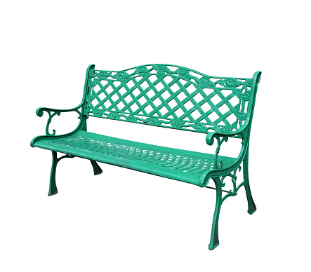 Isolated green steel bench on white background. Side view.