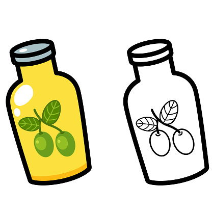 Illustration of isolated colorful and black and white olive oil glass bottles