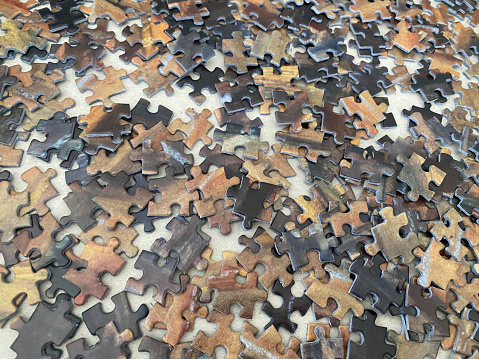 loose pieces of a jigsaw puzzle laid out