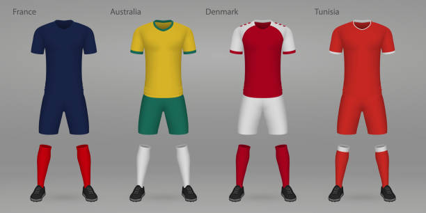 ilustrações de stock, clip art, desenhos animados e ícones de set of football kits, shirt template - australia tunisia