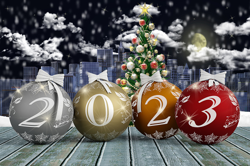 3D illustration. New Year 2023. New Year 2023 in numbers and with Christmas decoration.