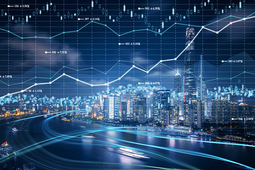 Cityscape with investment theme background and stock market chart