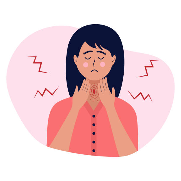 sad woman suffering from sore throat, holding her hands on her neck. symptoms of a viral disease, infection, flu, angina, pharyngitis, tonsillitis. sick female character. - 咳嗽 插圖 幅插畫檔、美工圖案、卡通及圖標