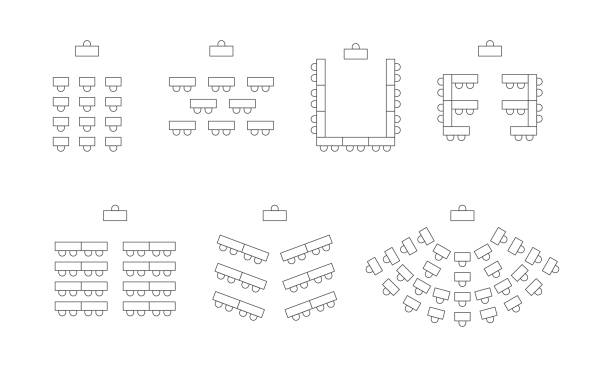 ilustrações de stock, clip art, desenhos animados e ícones de plans for arranging seats and tables in the room. line icon set.  classroom furniture for teaching and learning. vector illustration - learning education chair circle