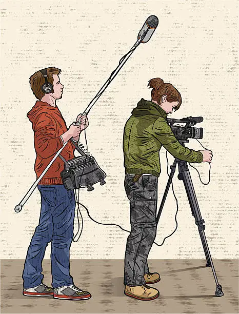 Vector illustration of sound operator and camara woman filming