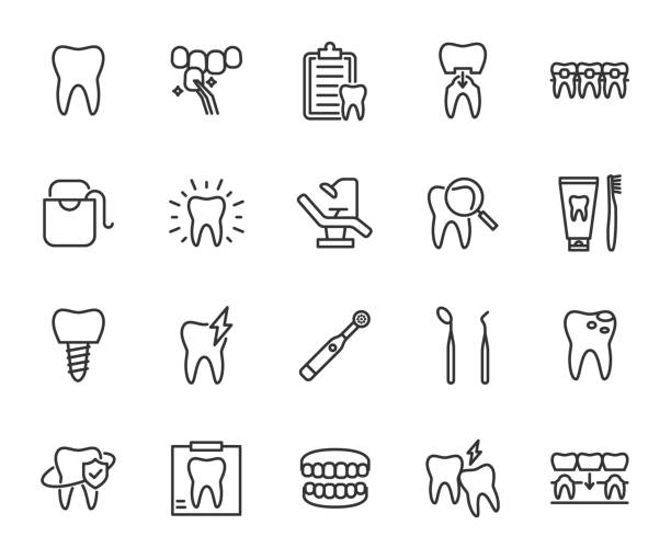 vektorsatz von zahnmedizin-liniensymbolen. enthält symbole zahn, aufhellung, implantat, veneer, zahnschmerzen, karies, zahnseide, zahnspange und mehr. pixel perfekt. - zahnarztpraxis stock-grafiken, -clipart, -cartoons und -symbole