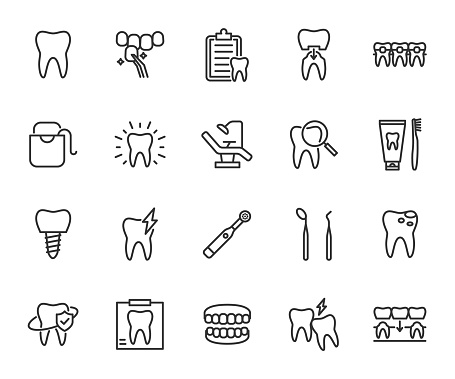 Vector set of dentistry line icons. Contains icons tooth, whitening, implant, veneer, toothache, caries, dental floss, braces and more. Pixel perfect.
