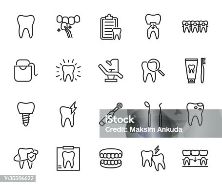 istock Vector set of dentistry line icons. Contains icons tooth, whitening, implant, veneer, toothache, caries, dental floss, braces and more. Pixel perfect. 1435506622