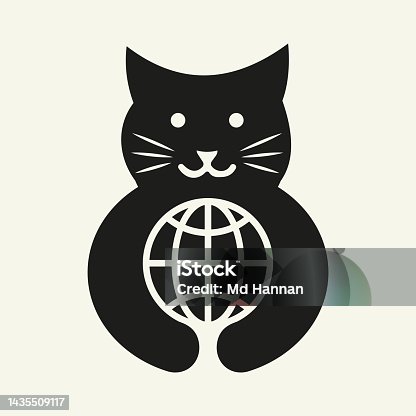 istock Cat Global Logo Negative Space Concept Vector Template. Cat Holding World Symbol 1435509117