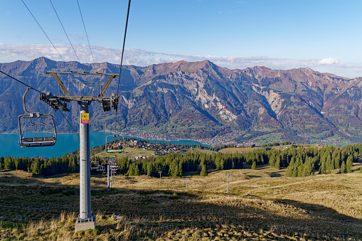 Scenic landscape at Axalp, Canton Bern, in the Swiss Alps viewed from chair lift on a sunny autumn day. Photo taken October 18th, 2022, Axalp, Switzerland.
